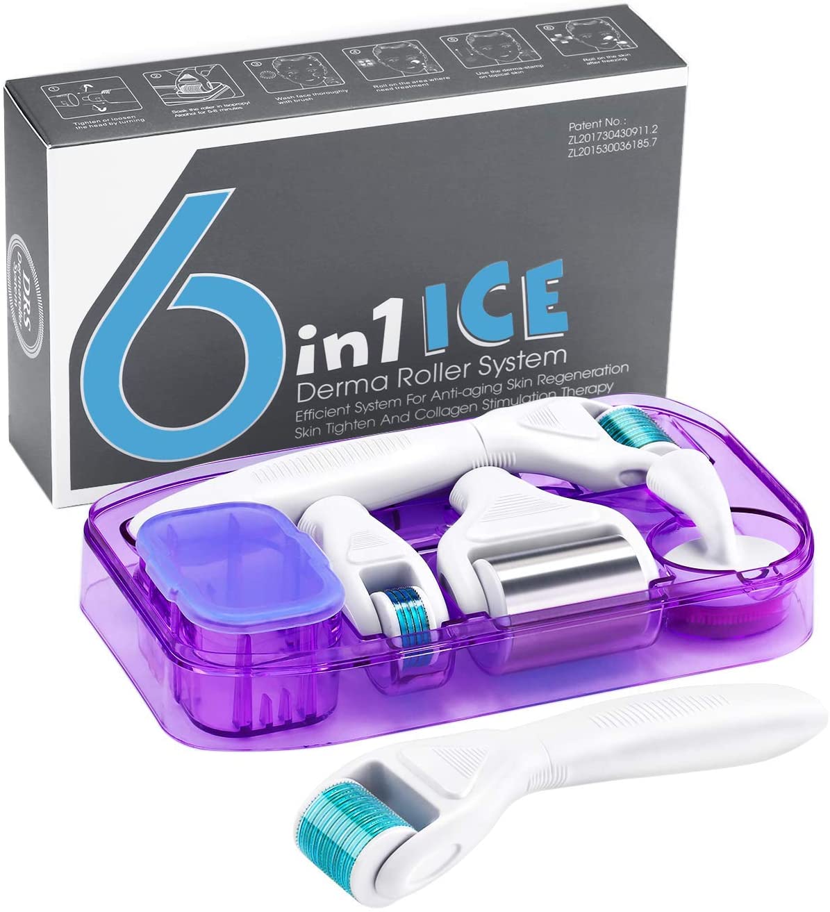 Ice Roller Derma Roller 6 in 1 Kit .25mm Titanium Microneedles, Ice Roller Dermaroller for Face and Body, 12/300/ 720 Titanium Micro Needleice6in1