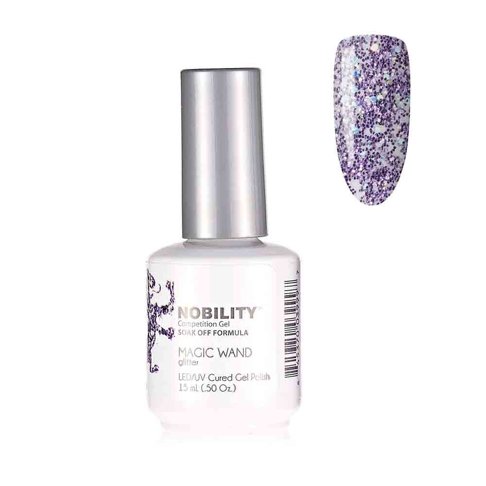 Nobility Soak Off Gel Nail Polish Magic Wand UV-LED Gel Cured Nail Polish Color Purple and holographic glitter 15ml NBGP181