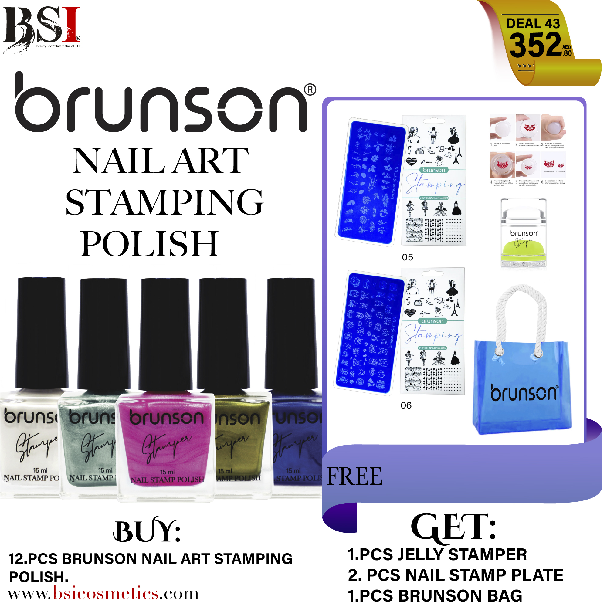 Deal 43: Brunson Nail Art Stamping Polish Kit + FREE Jelly Stamper, Stamping Plate & Beach Bag | Professional Nail Design Tools for Creative Manicure, Gel Nails, Nail Art & Salons