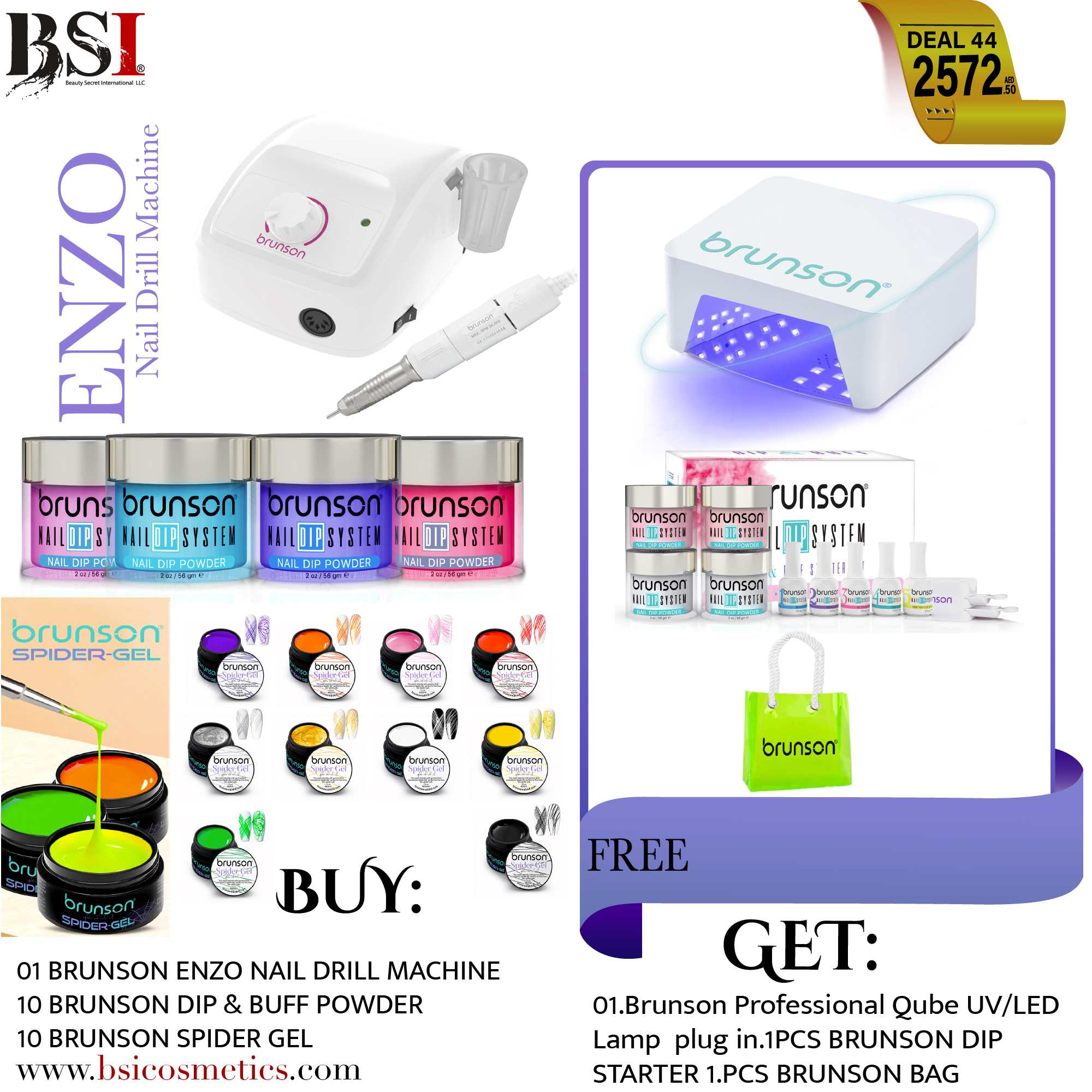 Deal 44: Brunson Enzo Nail Drill Machine + 10 Dip Powders + 10 Spider Gels Bundle | FREE Qube UV/LED Nail Lamp & Full Dip Powder Kit | Professional Nail Extension, Nail Art & Salon Package
