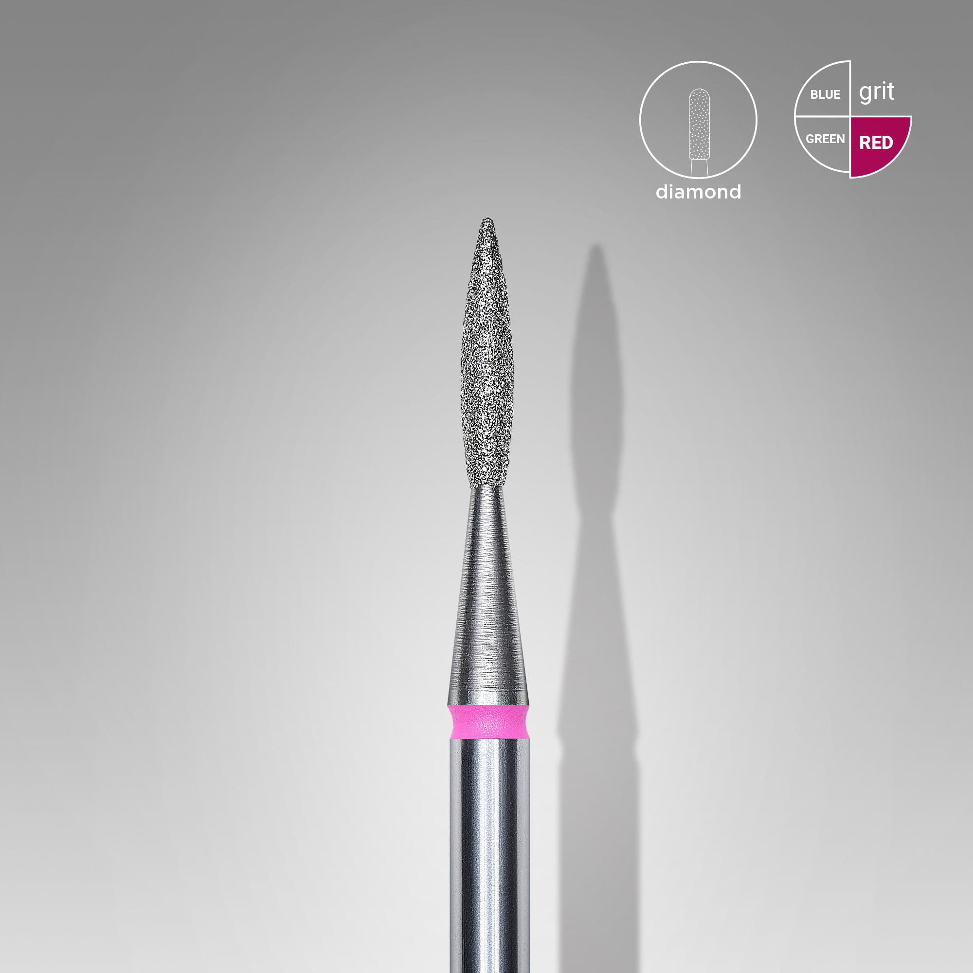 Diamond nail drill bit "flame", sharp, red,  head diameter 1,6  mm/ working part 8 mm  FA11R016/8 (S09)