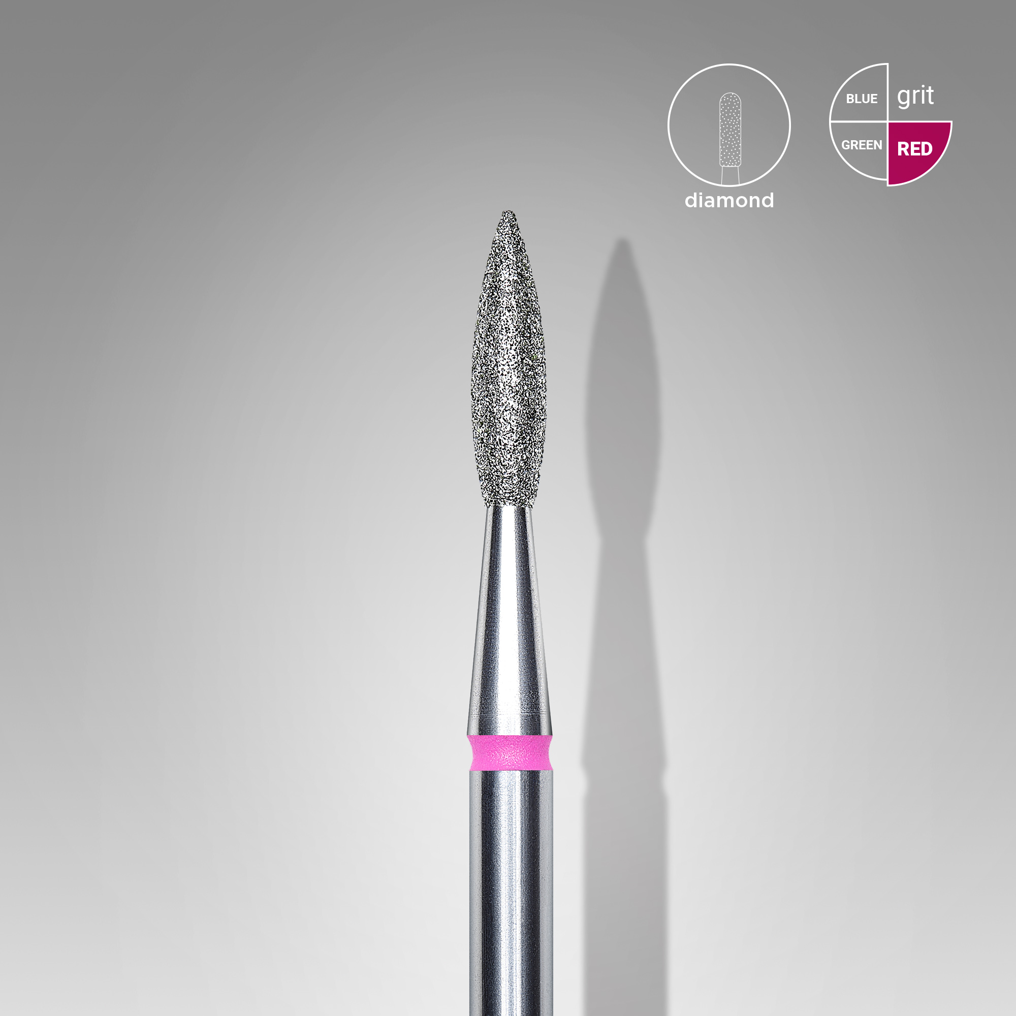 Diamond nail drill bit "flame", sharp, red,  head diameter 2.1  mm/ working part 8 mm  FA11R021/8 (S05)
