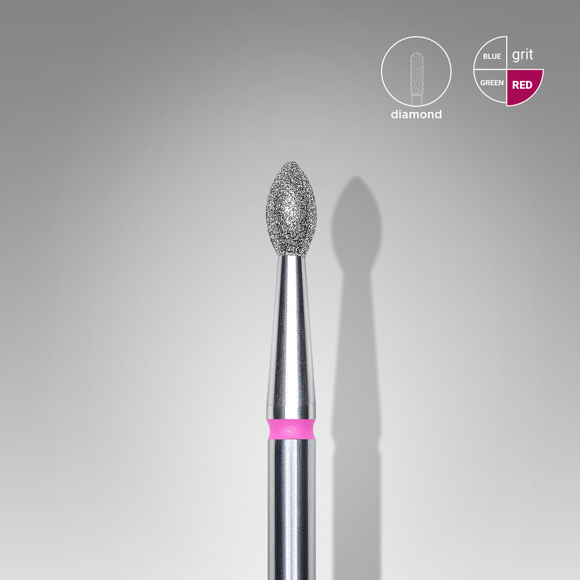 Diamond nail drill bit, pointed "bud" , red, head diameter 2.5 mm/ working part 4.5 mm  FA60R025/4.5 (S07)