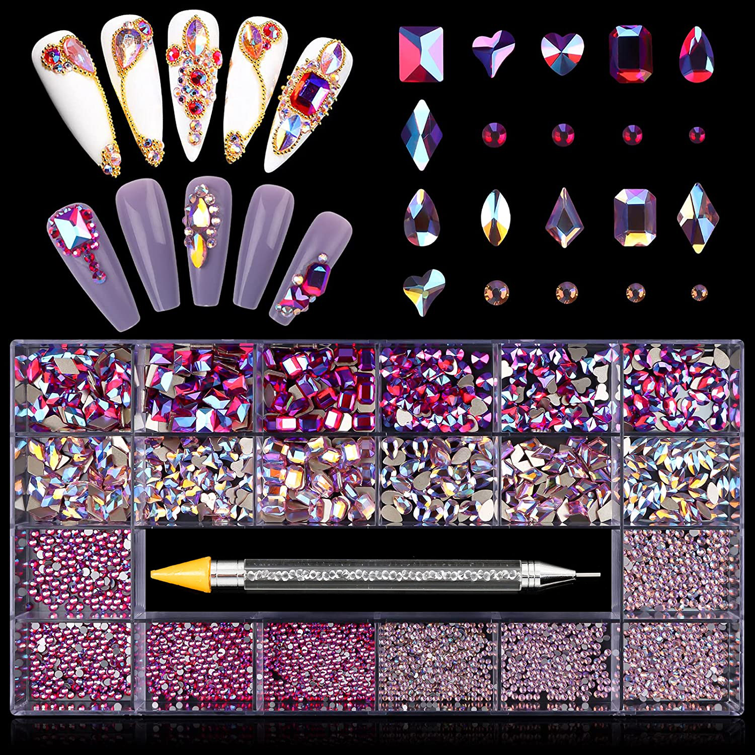 21 Grid Glass Rhinestone Diamond Stickers for Nails Art Decorations Fashion DIY Nail Rhinestones Manicure Accessories With Drill Pen
