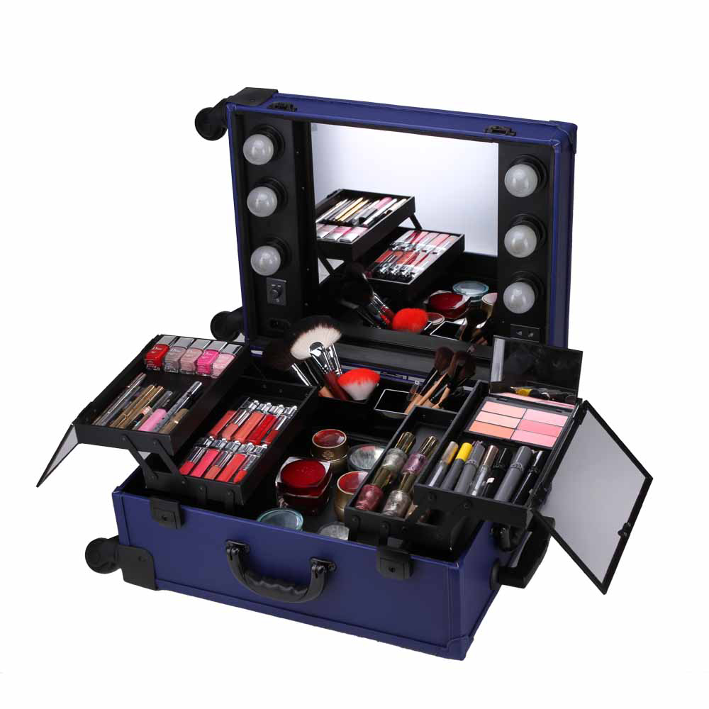 Professional Portable PVC / PU Leather Makeup Case with lights, cosmetic makeup luggage trolley case