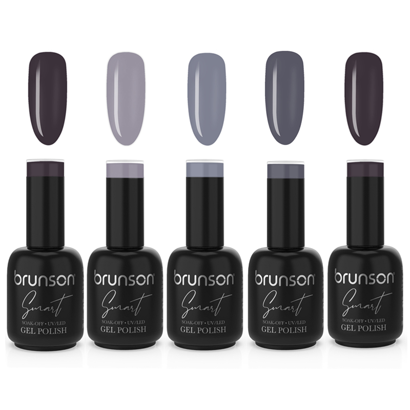 Brunson Smart Gel Polish - Gray Collections 5pcs | UV/LED Soak-Off, Long-Lasting, High-Shine, Chip-Resistant | Professional Salon-Quality Gel Polish | Vegan, Cruelty-Free, Non-Toxic BSGGC