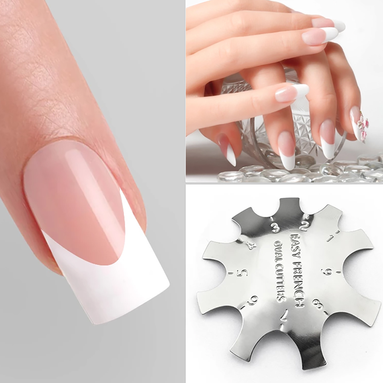 Nail Cutter French Nail Trimmer Acrylic Nail Gel Tool Kit Nails Size Tips Manicure Edge Trimmer Almond Shape for Easy Creating French Guides Smile Line Nail Art Manicure Tool FNCS#E