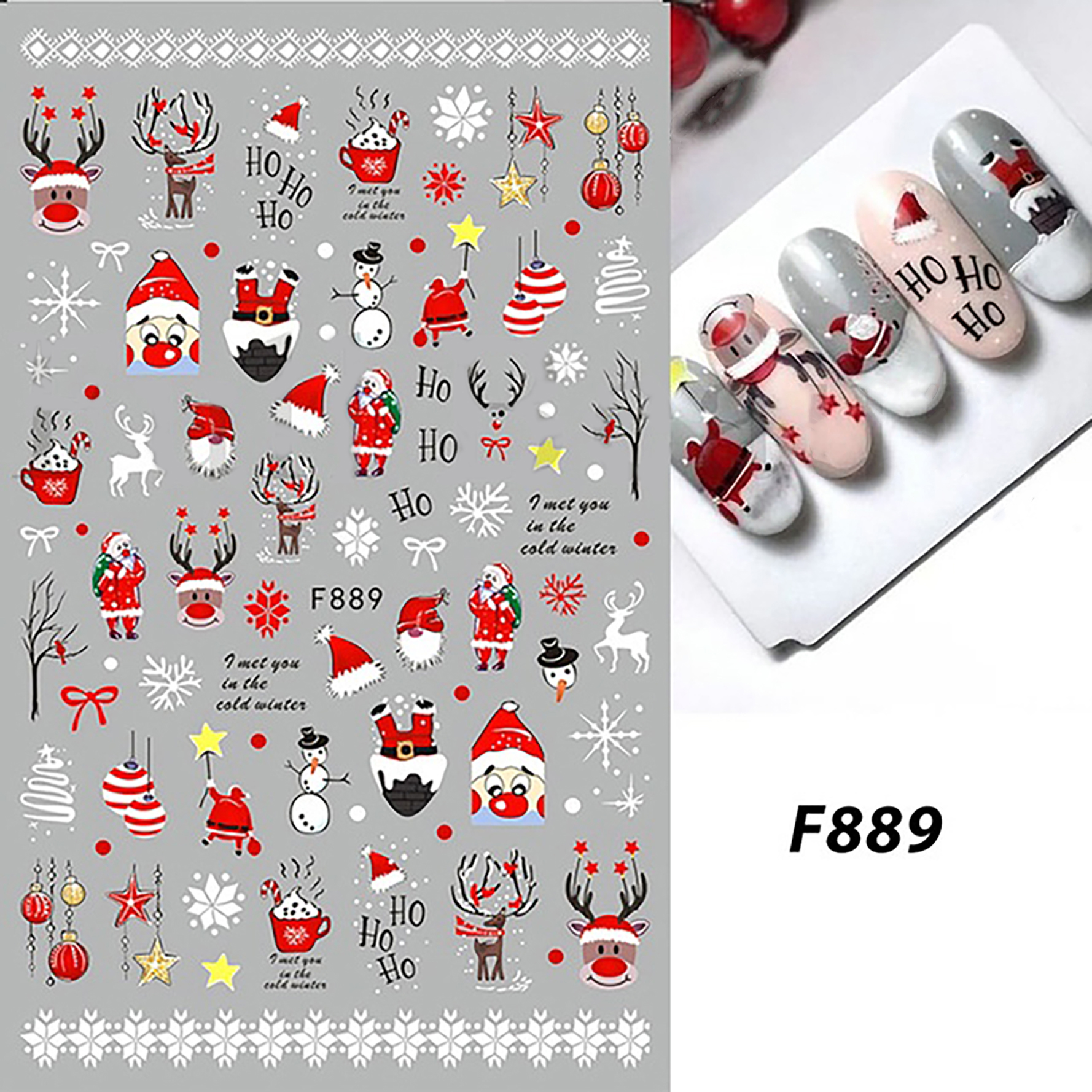 Christmas Season Nail Stickers for Nail Art 3D Self-Adhesive Nail Decals DIY Nail Art Supplies for Acrylic Nails F889
