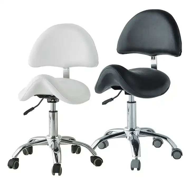 Salon Chair Adjustable Hydraulic Saddle Shape Stool with back support on wheels Black