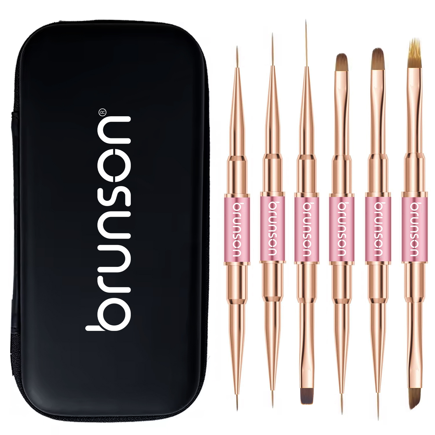 Brunson 6pcs Dual Side Nail Art Brushes Set, Gel Polish - Nail Art Design - Nail Extension Gel Brush - Builder Gel Brush - Nail Art Liner Brush for Manicure with Case BNALBS
