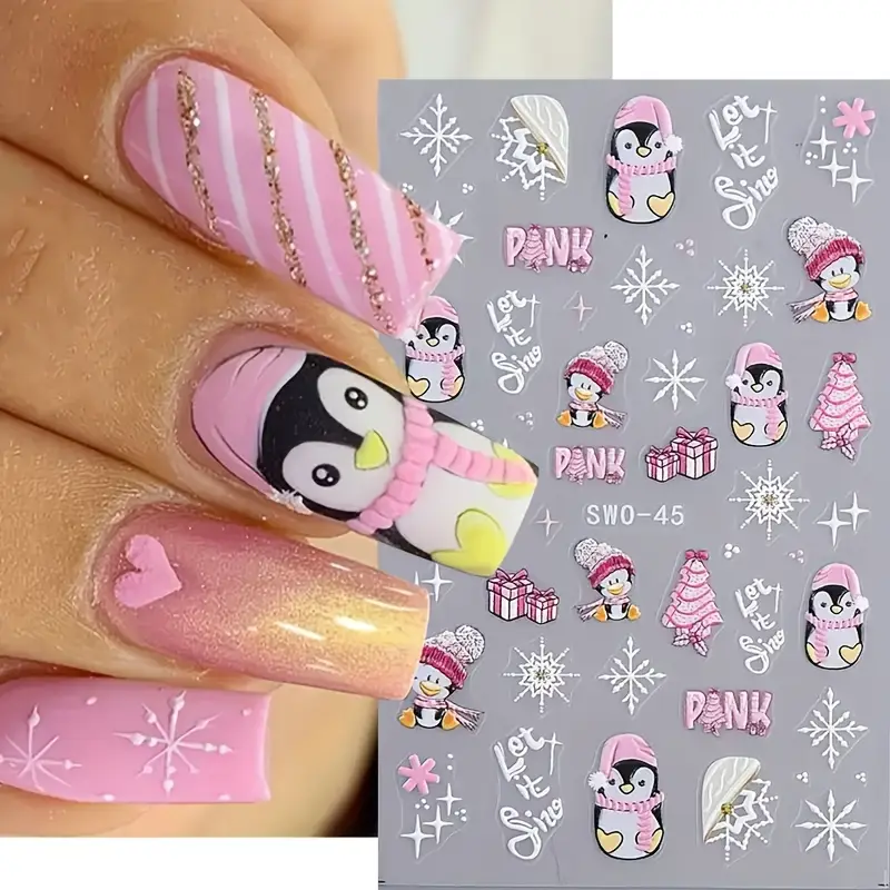 3D Embossed Christmas Nail Art Stickers, Snowflake Penguin Design Nail Art Decals for DIY Or Nail Salons, Self Adhesive Cartoon Nail Art Supplies for Women And Girls SW0-45