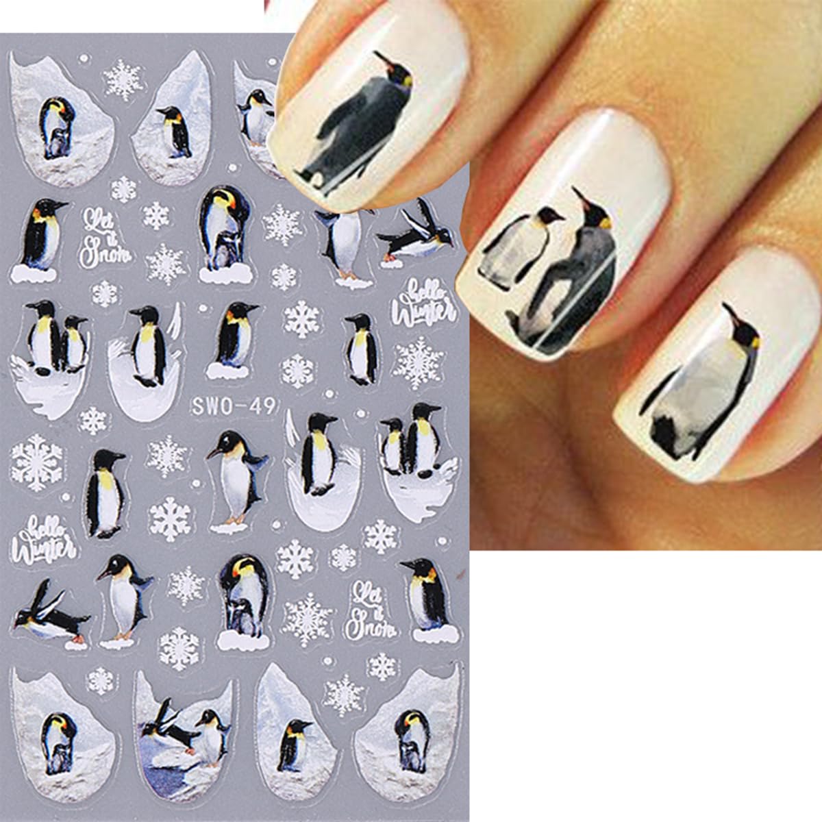 Christmas Nail Art Stickers Decals Winter Snowflake Penguin Nail Decals White Pink Snowflake Elk Cute Penguin Xmas Design 5D Embossed Nail Stickers for Christmas Nail Art Decorations Supplies SW0-49