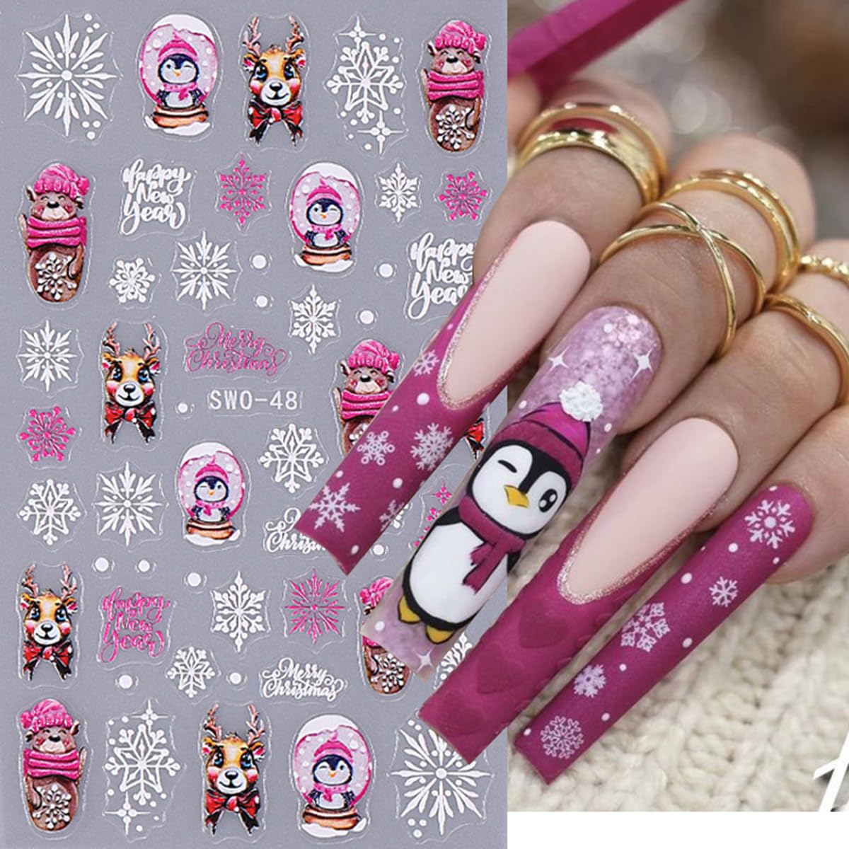 Christmas Cartoon Nail Stickers Winter Penguin Elk Snowman Self Adhesive Sliders Nail Art Decals Snowflake Manicure Decorations SW0-48