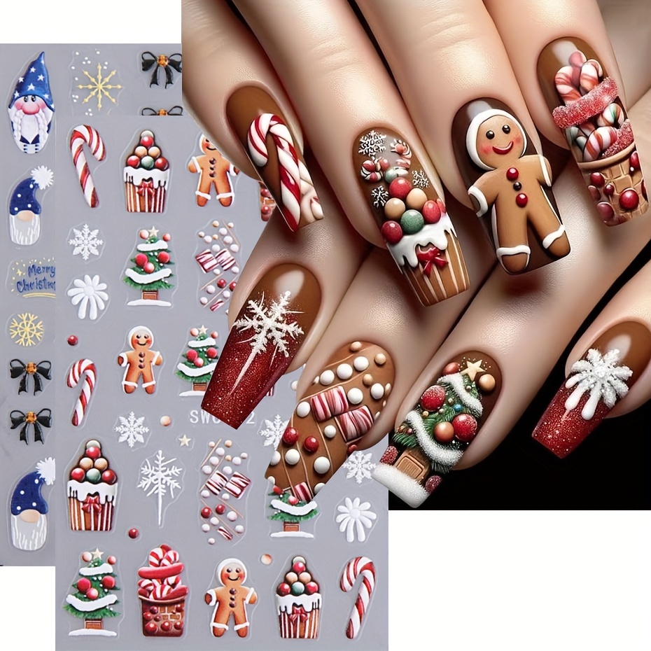 3D Embossed Christmas Nail Art Stickers - Santa, Snowman & Snowflake Designs with Self-Adhesive Sliders for Festive Manicures, Christmas Accessories SW0-42