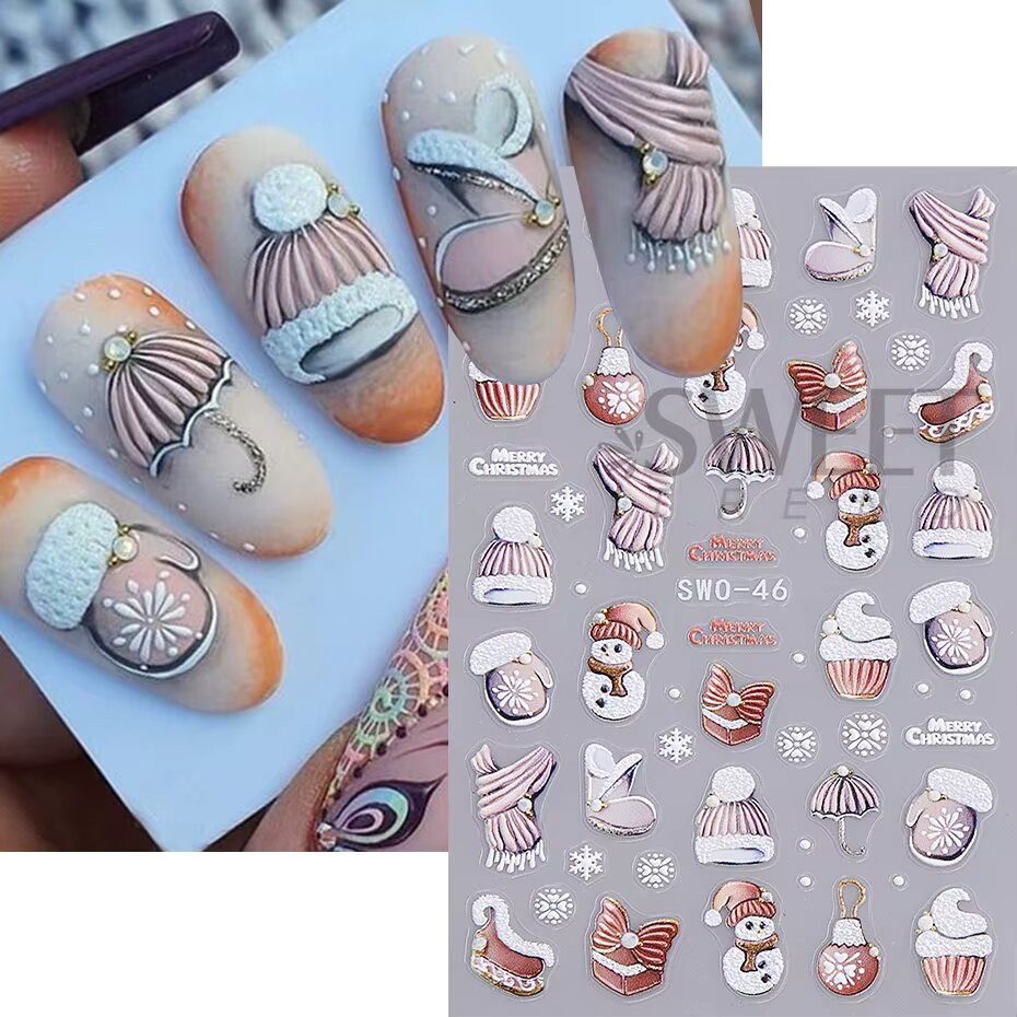 Santa Claus Cartoon Nail Stickers Christmas Snowman Gloves Self Adhesive Sliders Nail Art Decals Snowflake Manicure Decoration SW0-46