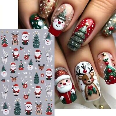 5D Christmas Holiday Nail Art Stickers Festival Design Gingerbread Man Christmas Tree Snowflakes Cake Nail Decals Santa Claus Sliders 5D Relief Self Adhesive Nails Manicure Decoration SW0-43