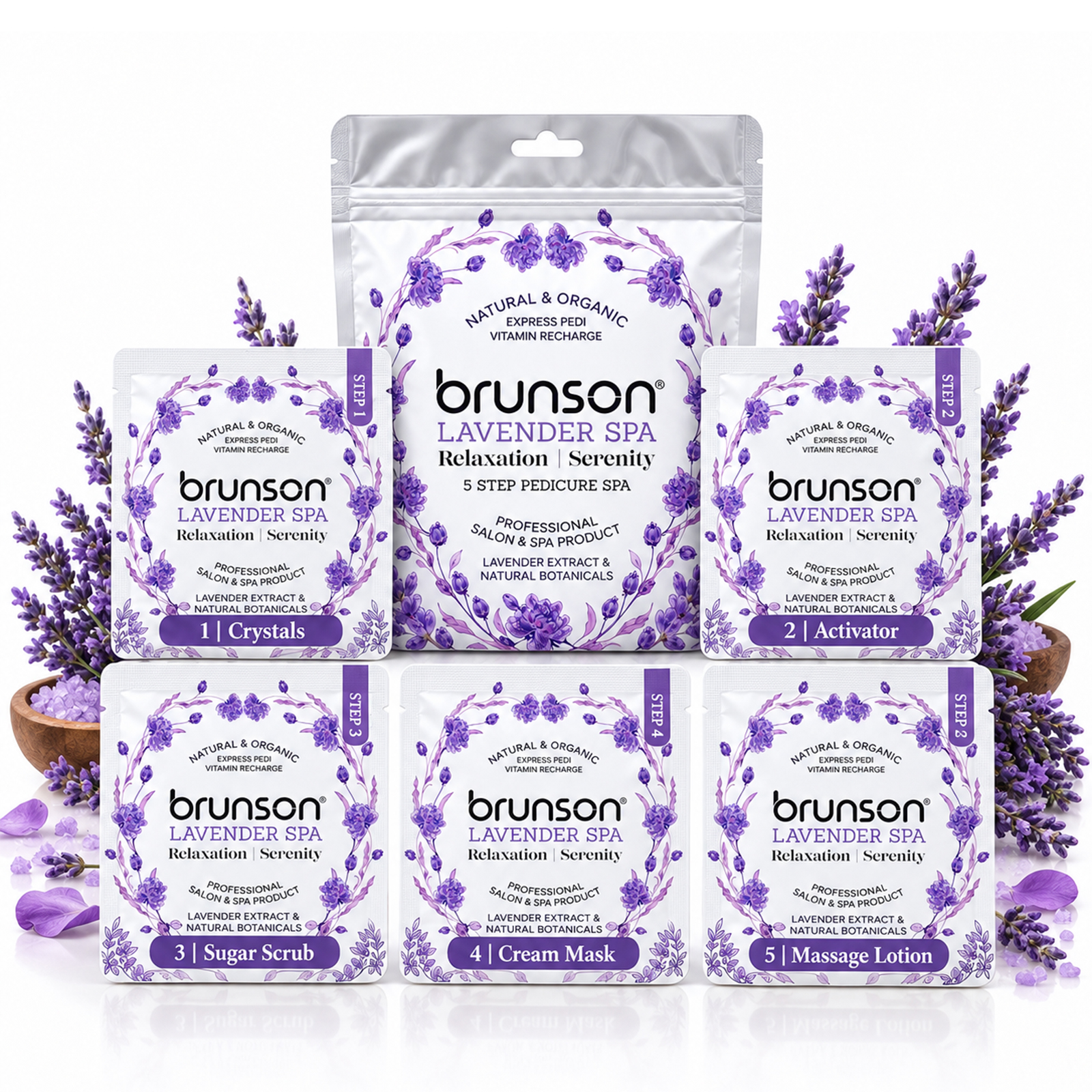 Brunson 5 in 1 Natural & Organic Vitamin Recharge Pedicure Spa Kit - Aroma Lavender Spa Relaxation and Serenity BLSST