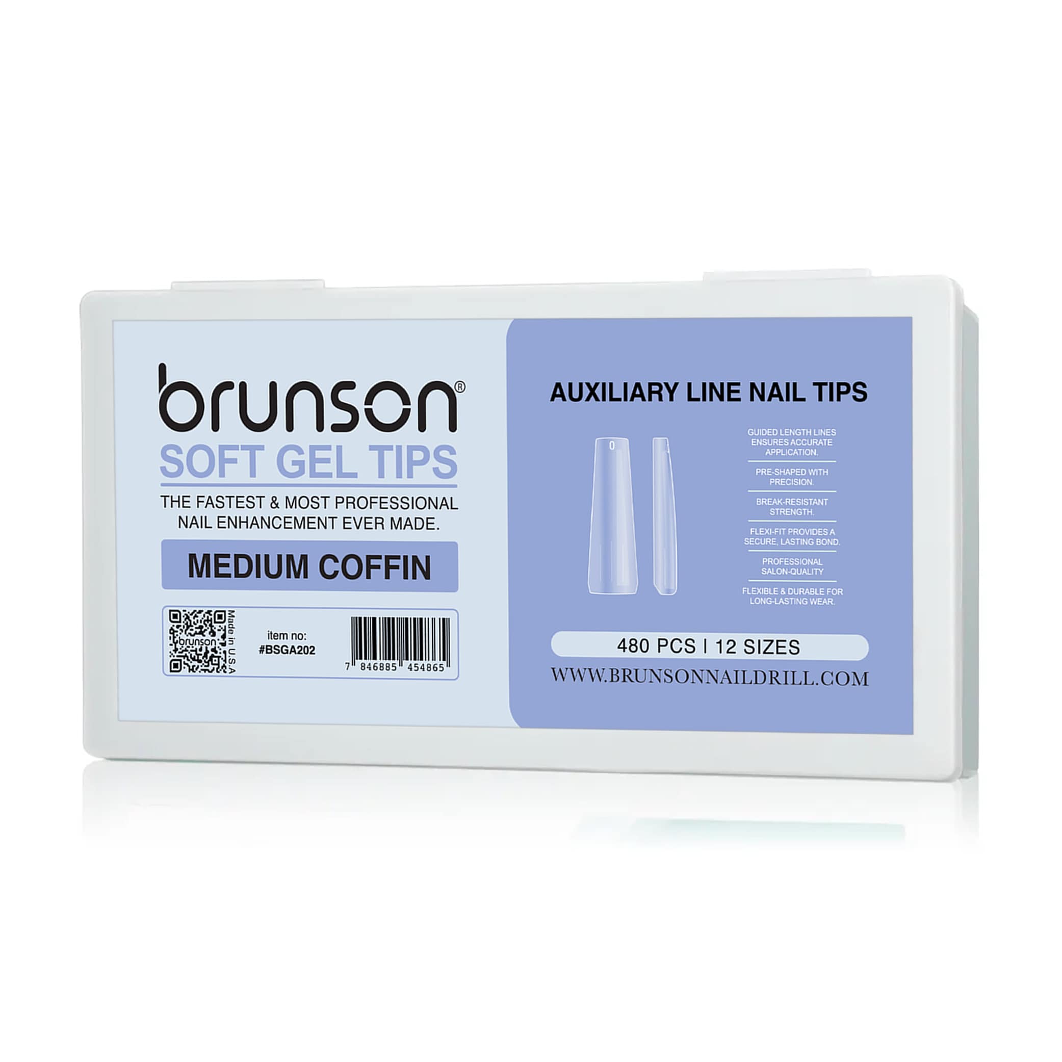 Brunson Soft Gel Tips | Medium Coffin Nails | Auxiliary Line Nail Tips | 480 PCS | 12 Sizes BSGA202