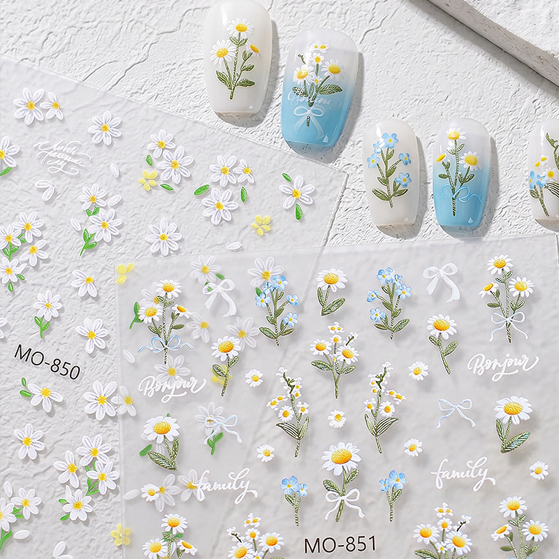 Nail Art Stickers - Embossed Daisy Floral Nail Decals Set | Micro-Carving Flower DIY Manicure Stickers & Small Daisy Designs for Gel, Acrylic & Natural Nails | Elegant Floral Nail Art Supplies for Women